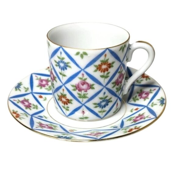 Lefton Hand Painted  Demitasse Cup & Saucer Set With Floral Geometric Pattern #3 - Picture 1 of 6